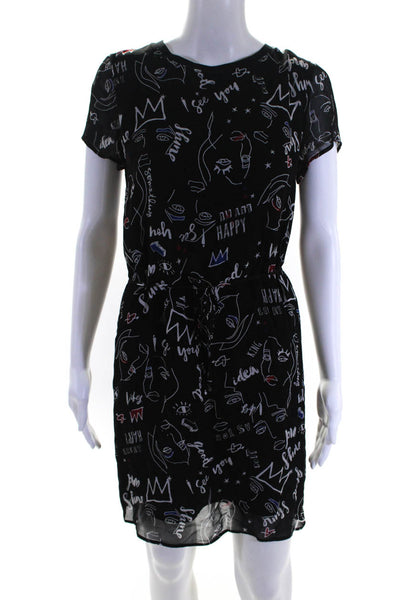 IKKS Women's Graphic Print Short Sleeve Belted Mini Dress Black Size 36