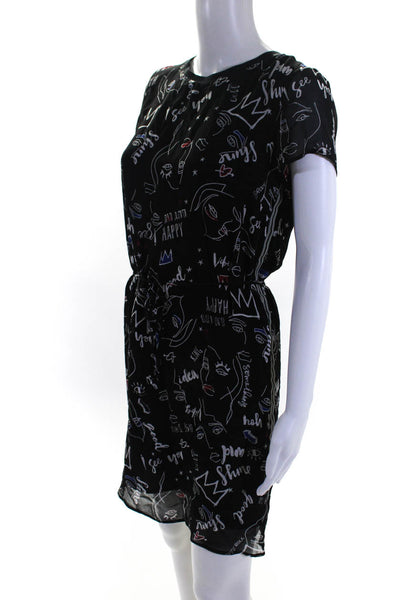 IKKS Women's Graphic Print Short Sleeve Belted Mini Dress Black Size 36