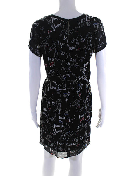 IKKS Women's Graphic Print Short Sleeve Belted Mini Dress Black Size 36