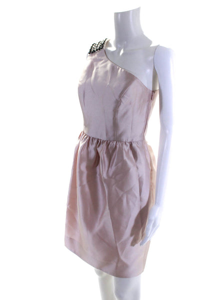 Shoshanna Womens Beaded One Shoulder Satin Taffeta Mini Dress Light Pink Size 2