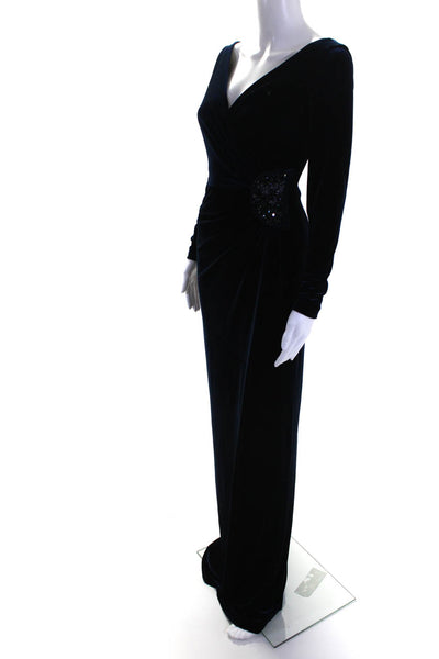Rickie Freeman Teri Jon Womens Long Sleeve Rhinestone Velvet Gown Indigo Size 2