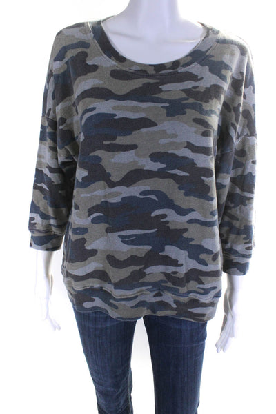 Pam & Gela Womens 3/4 Sleeve Scoop Neck Camouflage Sweater Green Gray Medium