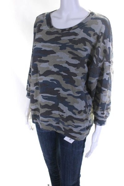 Pam & Gela Womens 3/4 Sleeve Scoop Neck Camouflage Sweater Green Gray Medium