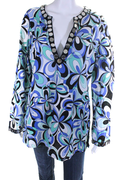 Michael Michael Kors Womens Mirrored Trim Abstract Tunic Shirt Blue Black Medium