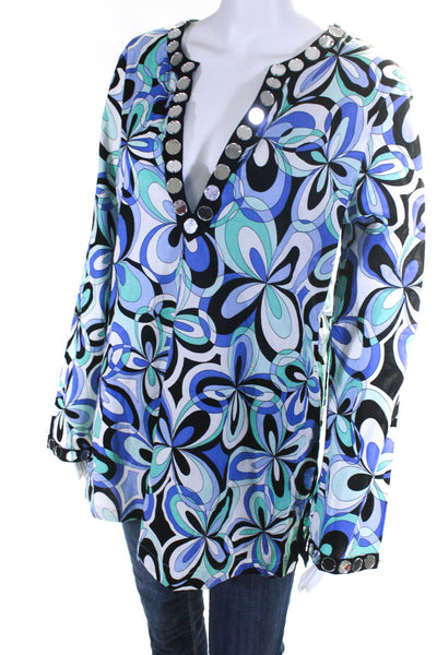 Michael Michael Kors Womens Mirrored Trim Abstract Tunic Shirt Blue Black Medium