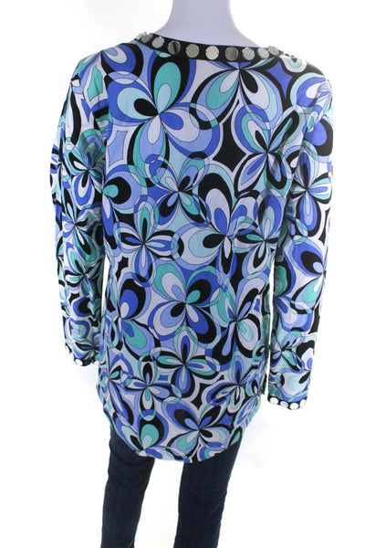 Michael Michael Kors Womens Mirrored Trim Abstract Tunic Shirt Blue Black Medium