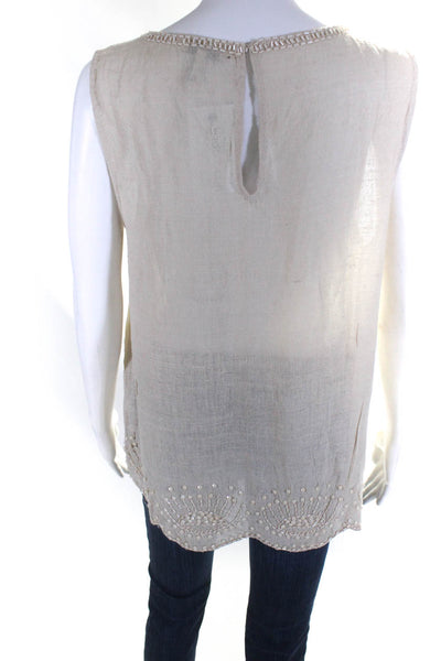 Joie Womens Scoop Neck Beaded Trim Silk Knit Scalloped Top Beige Size Medium
