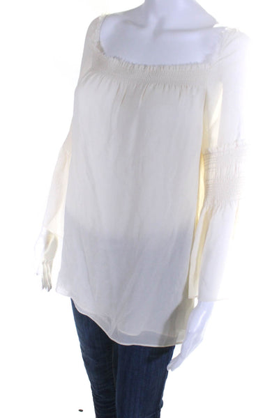 Theory Womens Long Sleeve Smocked Off Shoulder Silk Shirt White Size Small