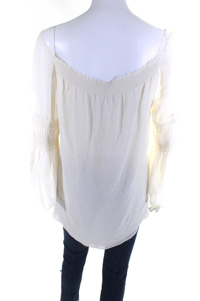 Theory Womens Long Sleeve Smocked Off Shoulder Silk Shirt White Size Small