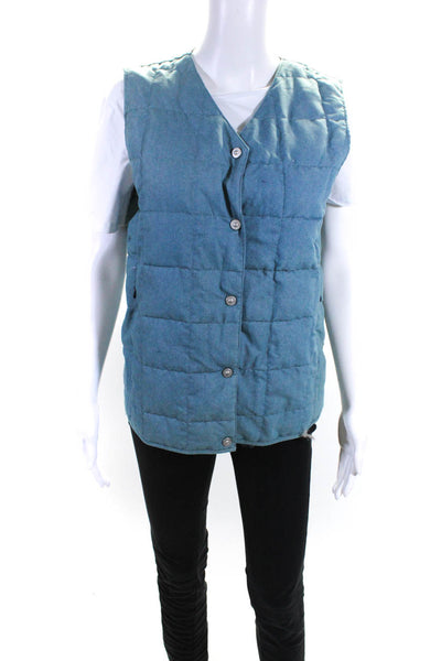 Taion Womens Square Quilted Insulated V-Neck Snap Front Puffer Vest Blue Size L