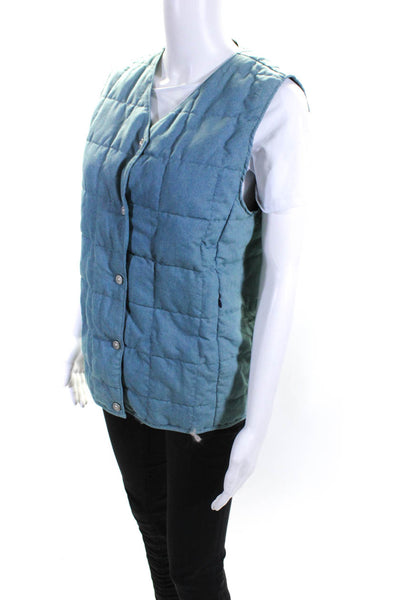 Taion Womens Square Quilted Insulated V-Neck Snap Front Puffer Vest Blue Size L