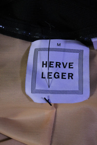 Herve Leger Womens Strapless Bandage Body Con Dress Black Beige Size Medium