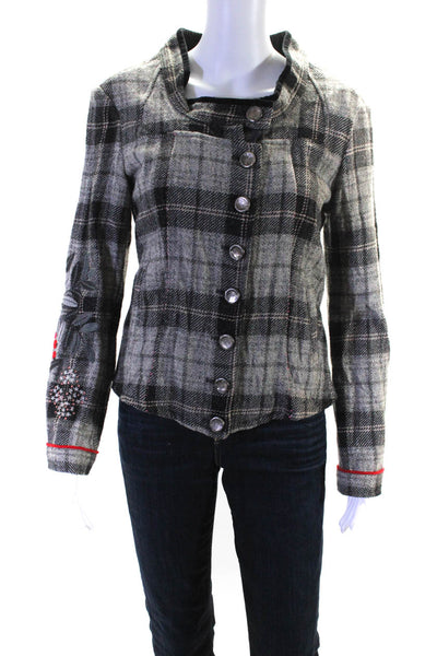 Marithe Francois Girbaud Womens Wool Metallic Plaid Print Jacket Gray Size 29