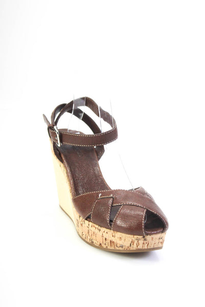 Jil Sander Womens Wooden Wedge Ankle Strap Sandals Brown Leather Size 39.5 9.5
