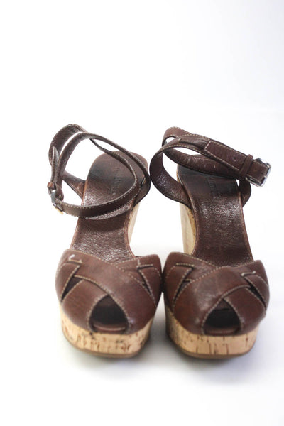 Jil Sander Womens Wooden Wedge Ankle Strap Sandals Brown Leather Size 39.5 9.5