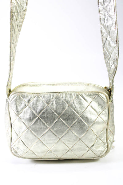 Chanel Women Leather Quilted Fringe Crossbody Shoulder Handbag Gold Metallic