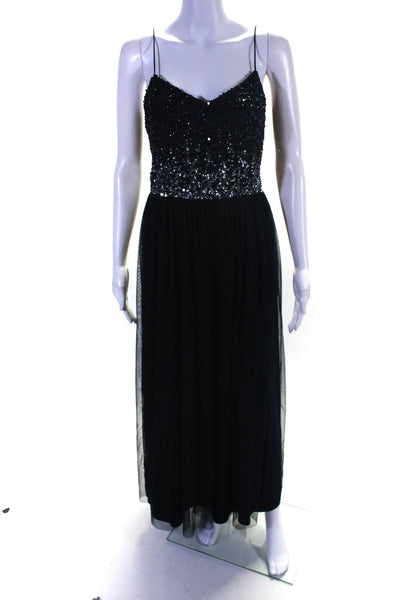 Adrianna Papell Womens Sequin Bodice Spaghetti Strap Long Gown Navy Blue Size 12