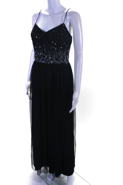 Adrianna Papell Womens Sequin Bodice Spaghetti Strap Long Gown Navy Blue Size 12