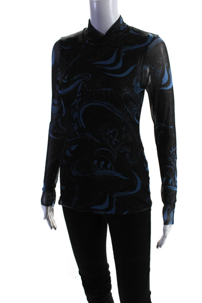 Ted Baker London Womens Mesh Knit Long Sleeve Turtleneck Top Black Blue Size 2