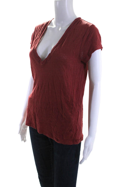IRO Womens Rodeo V Neck Cap Sleeve Knit Top Tee Shirt Red Linen Size Small
