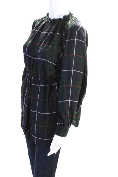 Arch & Line Women's Plaid Print Gathered Button Down Blouse Green Size S