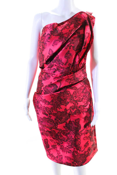 Reem Acra Womens One Shoulder Floral Pleated Pencil Dress Hot Pink Black Size 8