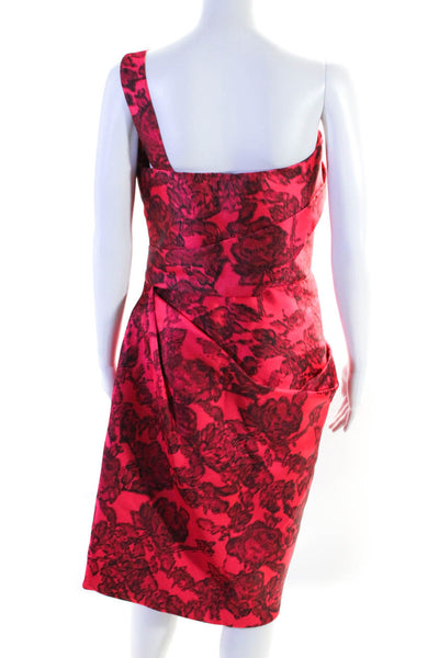 Reem Acra Womens One Shoulder Floral Pleated Pencil Dress Hot Pink Black Size 8