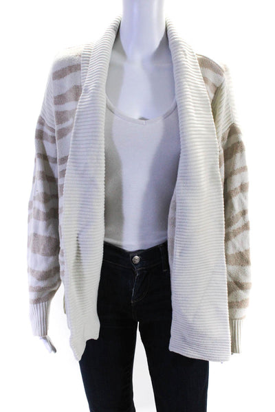 Varley Womens Zebra Print Tight Knit Open Front Ribbed Cardigan Cream Tan Size S