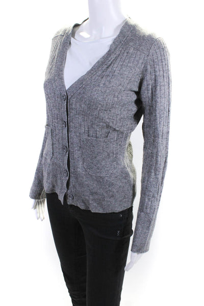 Chloe Womens Cashmere Ribbed V-Neck Button Up Cardigan Sweater Gray Size S