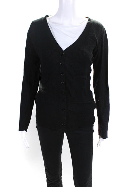 Chloe Womens Cotton Blend Ribbed V-Neck Button Up Cardigan Sweater Black Size S