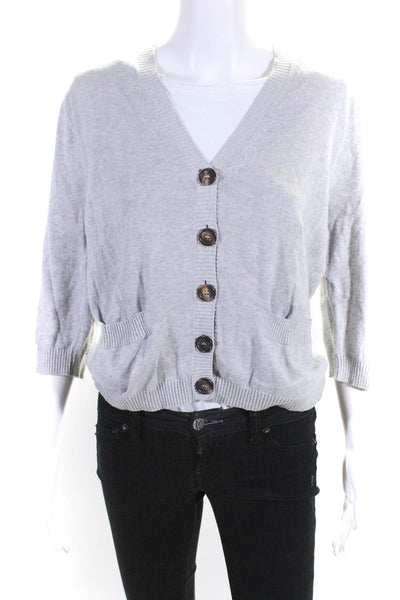 Chloe Womens Cotton V-Neck 3/4 Sleeve Button Up Cardigan Sweater Gray Size S