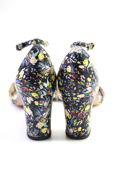 L.K. Bennett Womens Floral Leather Ankle Strap Heels Black Blue Yellow Size 10