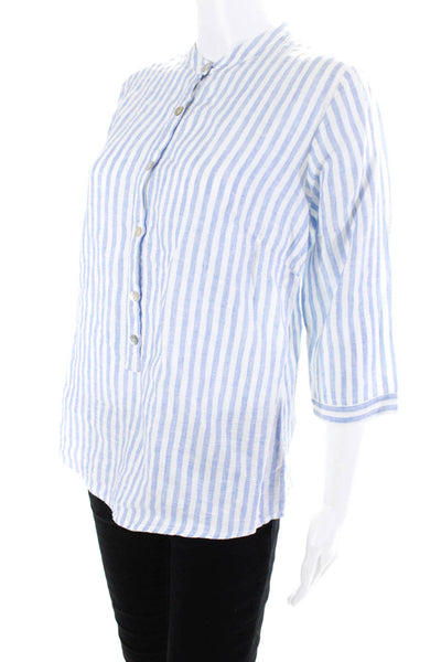 Mario Romano Women's Striped Button Front 3/4 Sleeve Linen Top Blue Size M