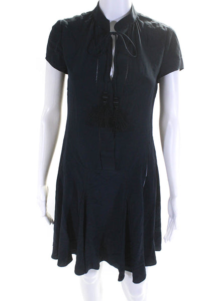 Derek Lam Womens Short Sleeve Tie Neck Silk Shift Dress Navy Blue Size 6