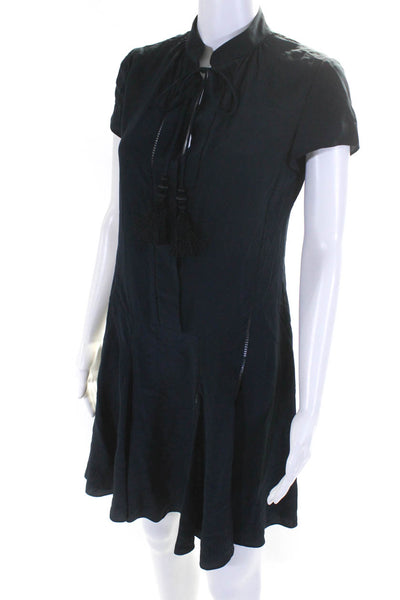 Derek Lam Womens Short Sleeve Tie Neck Silk Shift Dress Navy Blue Size 6
