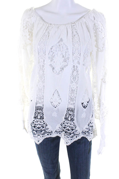 Miguelina Womens Elastic Off Shoulder Lace Blouse White Cotton Size Small