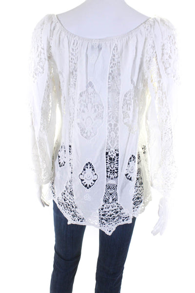 Miguelina Womens Elastic Off Shoulder Lace Blouse White Cotton Size Small