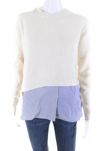 Thakoon Womens Pullover Crew Neck Striped Layered Sweatshirt White Blue Size XS