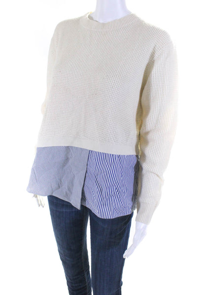 Thakoon Womens Pullover Crew Neck Striped Layered Sweatshirt White Blue Size XS