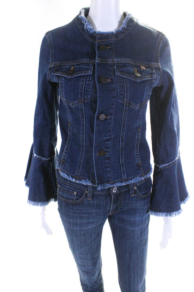 Atelier Notify Womens Button Front Fringe Trim Jean Jacket Blue Denim Size Small