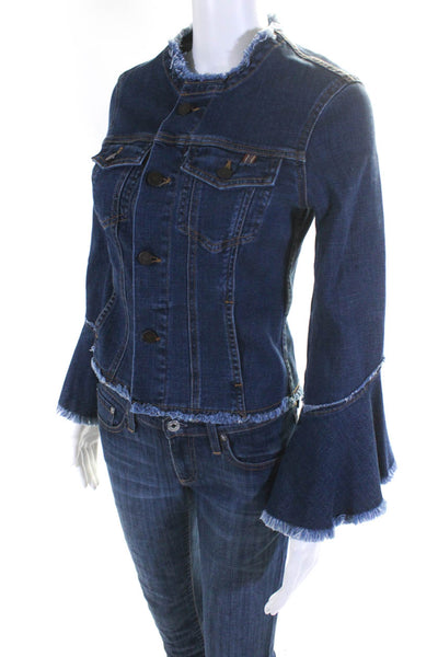 Atelier Notify Womens Button Front Fringe Trim Jean Jacket Blue Denim Size Small