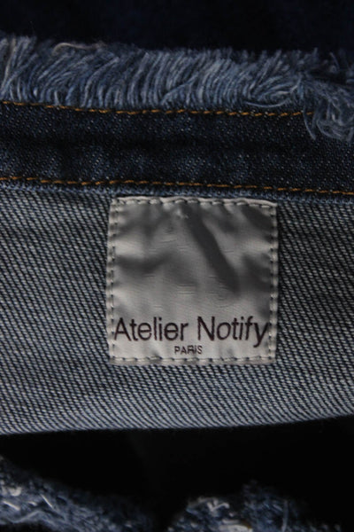 Atelier Notify Womens Button Front Fringe Trim Jean Jacket Blue Denim Size Small