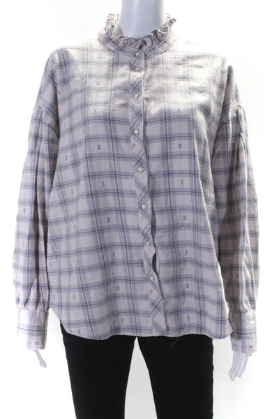 Xirena Womens Cotton Plaid Print Ruffled Collared Buttoned-Up Top Pink Size L