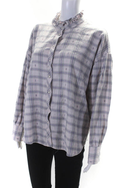Xirena Womens Cotton Plaid Print Ruffled Collared Buttoned-Up Top Pink Size L