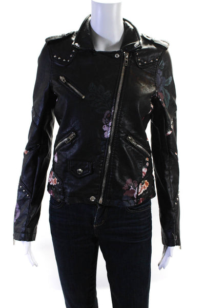 Blank NYC Women Graphic Floral Print Collared Motorcycle Jacket Black Size S
