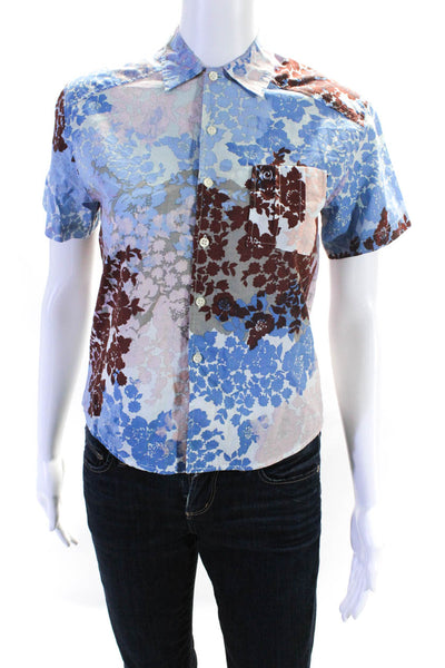 Cacharel Womens Button Front Collared Floral Shirt Blue Pink Cotton Size XS