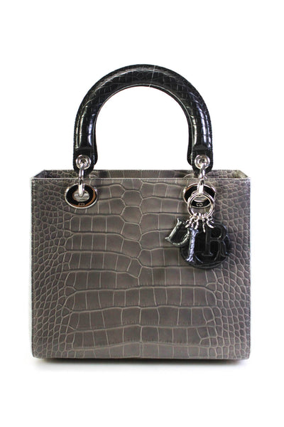 Christian Dior Womens Medium Crocodile Top Handle Lady Bag Tote Handbag Gray