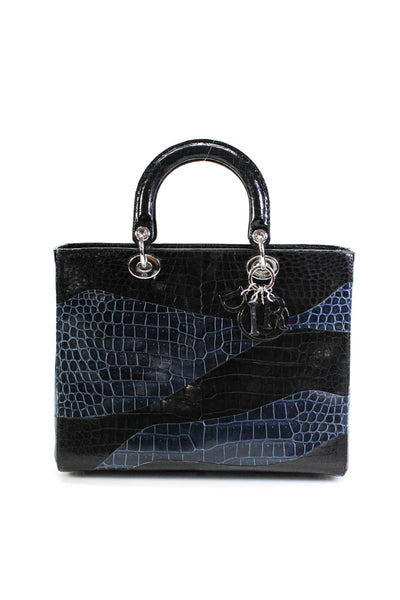 Christian Dior Women Large Lady Dior Crocodile Marquetry Tote Handbag Black Blue