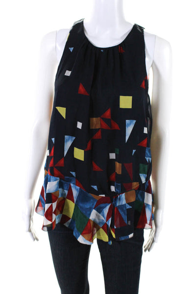 Joie Womens 100% Silk Geometric Print High Neck Tank Top Blouse Blue Red Size S