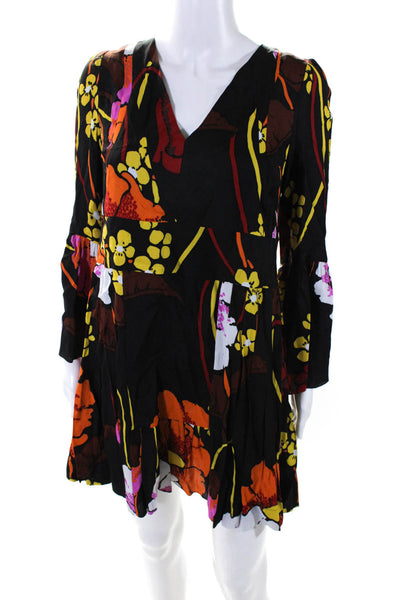 Marni Womens Floral Print Pleated V-Neck Long Sleeve Dress Black Size 40 S